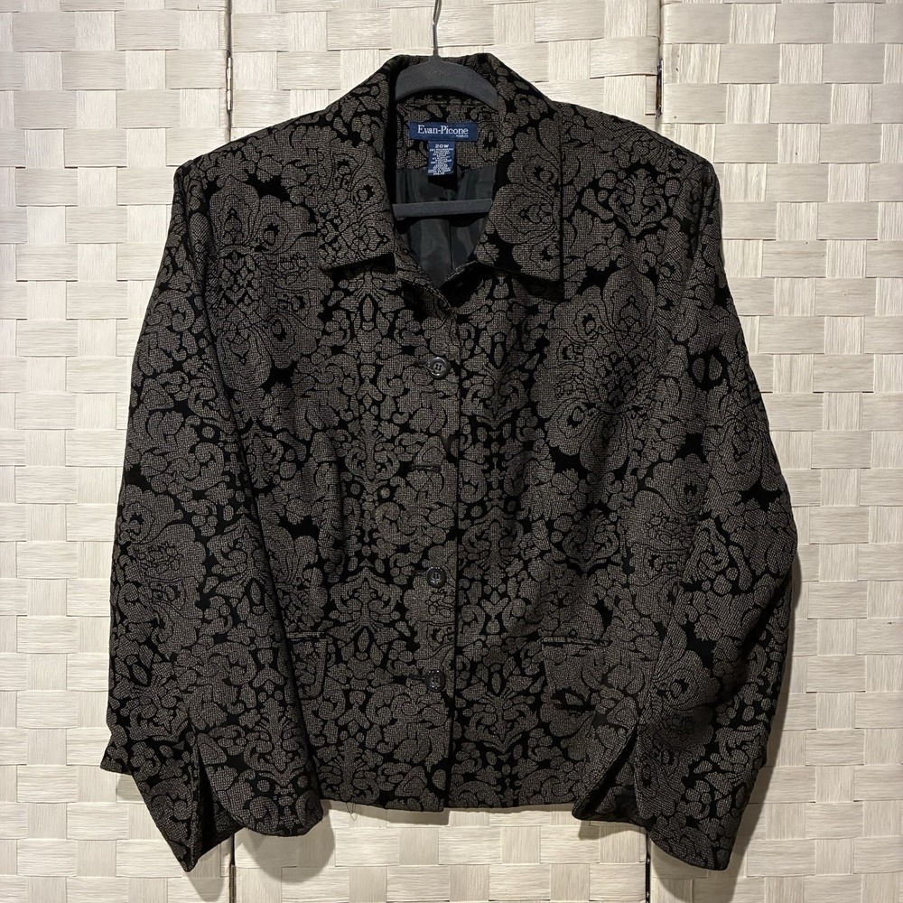 Evan-Picone Woman Black Gold Damask Brocade Button Front Blazer Jacket Size 20W